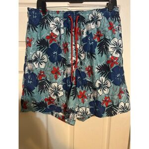 Nautica Mens Swim Trunks Large Teal Blue Hibiscus Floral Mesh Lined Board Shorts